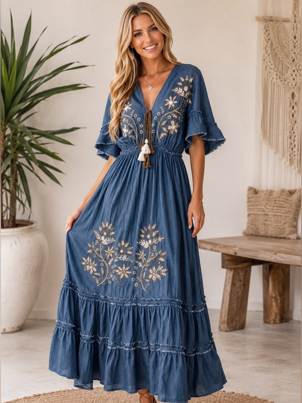 Embroidered V-Neck Maxi Dress in Denim Blue
